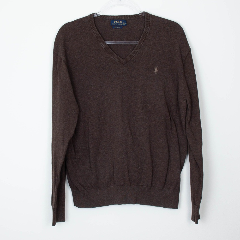 Polo Ralph Lauren Mens V-Neck Sweater L Heathered Brown Pima Cotton Pony Logo